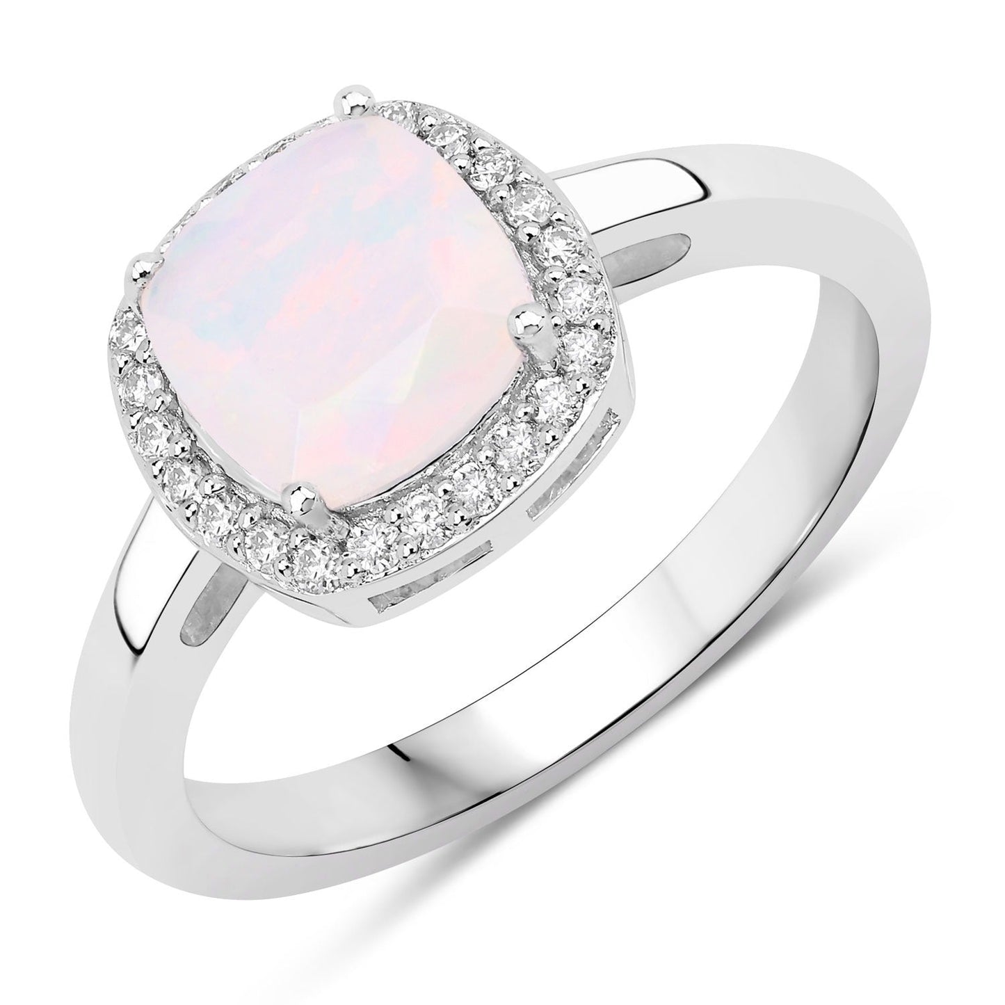 0.80 Ct Cushion Ethiopian Opal & Lab Diamond Prong Sterling Silver Halo Ring
