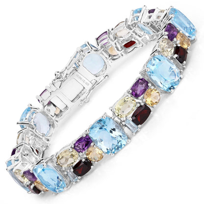 51.36 Cttw Multi-Color Gemstone Prong 925 Sterling Silver Link Bracelet