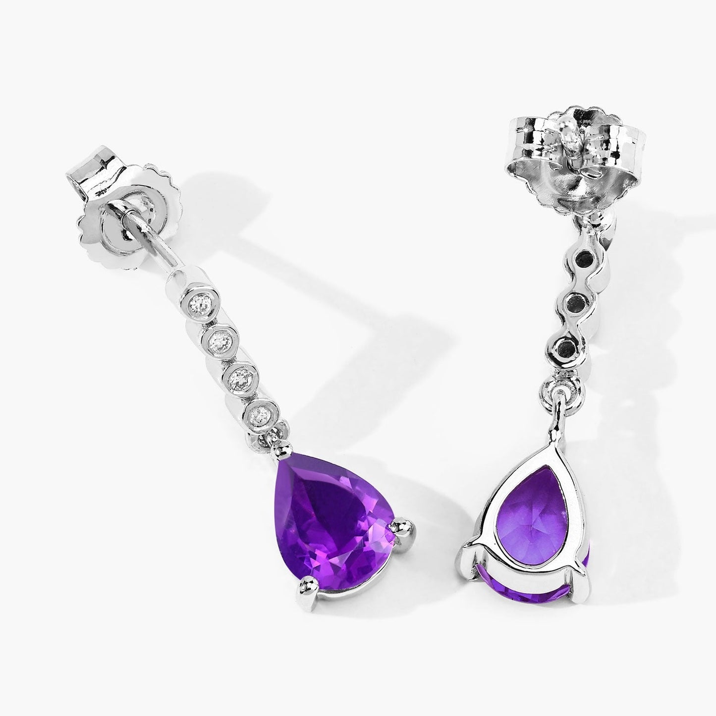 2 Ct Pear Purple Amethyst & Lab Diamond Prong Silver Teardrop Dangle Earrings