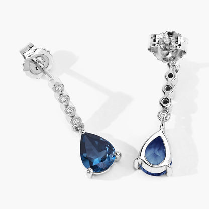 2.30 Ct Pear Deep Blue London Blue Topaz & Lab Diamond Prong Silver Teardrop Dangle Earrings