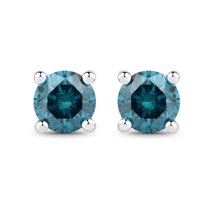 0.65 Cttw Round Teal Blue Diamond 14K Gold Solitaire Stud Earrings