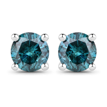 0.80 Cttw Round Teal Blue Diamond 14K Gold Solitaire Stud Earrings