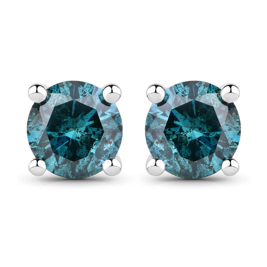 0.80 Cttw Round Teal Blue Diamond 14K Gold Solitaire Stud Earrings