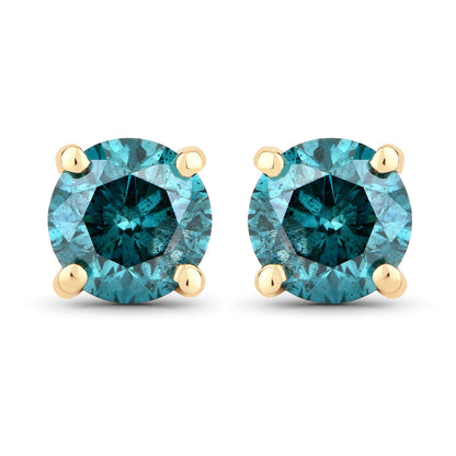 0.73 Cttw Round Teal Blue Diamond 14K Gold Solitaire Stud Earrings