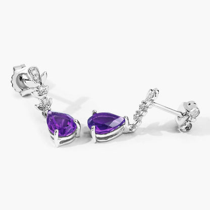 2 Ct Pear Purple Amethyst & Lab Diamond Prong Silver Teardrop Dangle Earrings