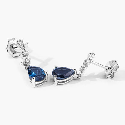 2.30 Ct Pear Deep Blue London Blue Topaz & Lab Diamond Prong Silver Teardrop Dangle Earrings