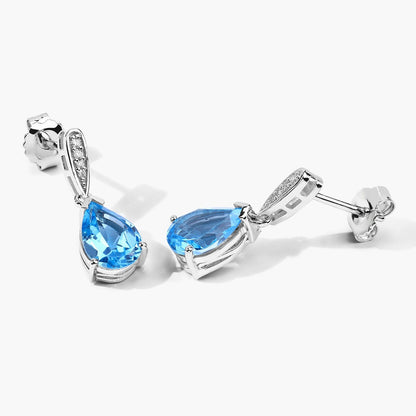 3.80 Ct Pear Swiss Blue Topaz & Lab Diamond V-Prong Silver Teardrop Dangle Earrings