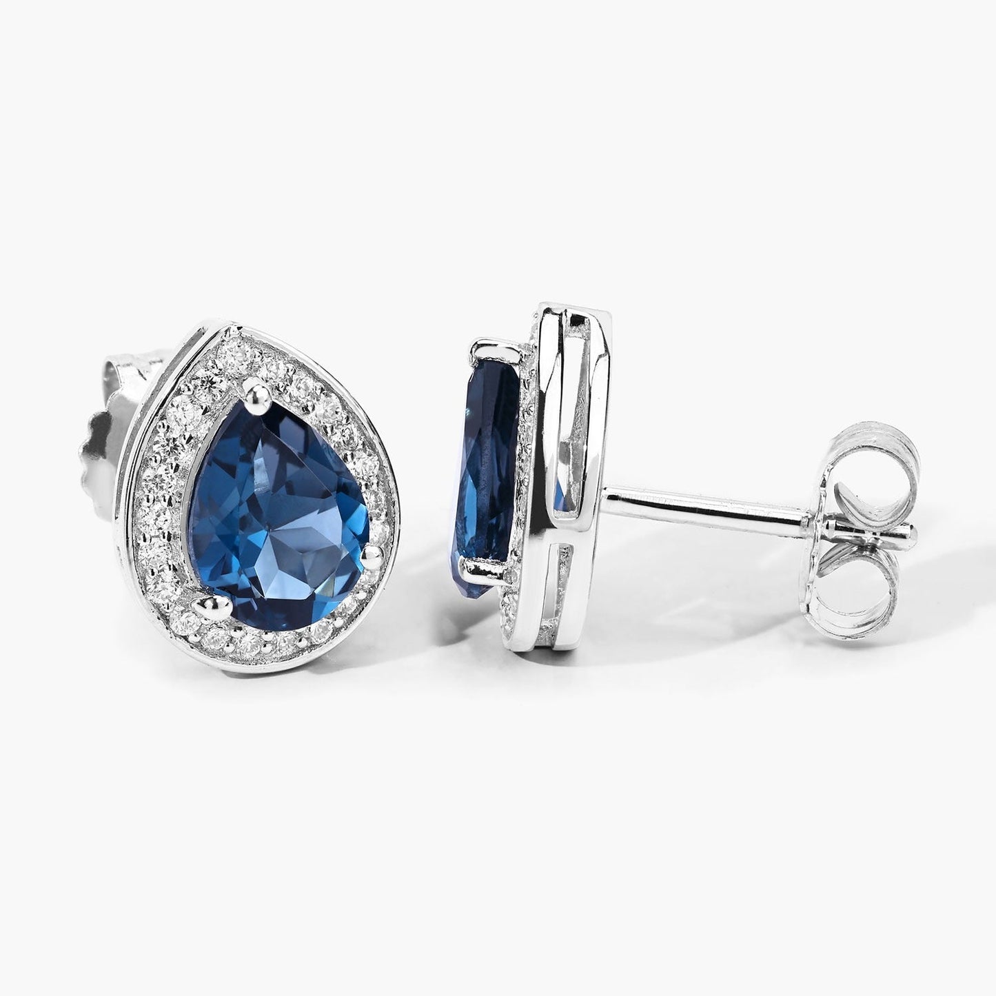 2.30 Ct Pear London Blue Topaz & Lab Diamond Prong Silver Halo Stud Earrings