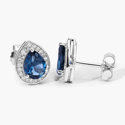 2.30 Ct Pear London Blue Topaz & Lab Diamond Prong Silver Halo Stud Earrings