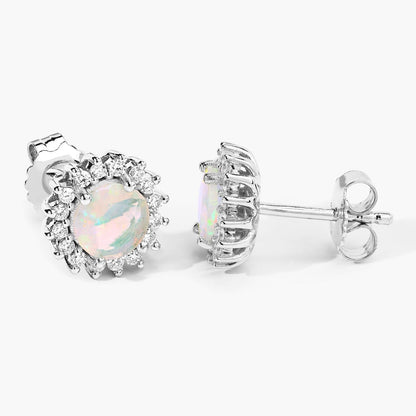 1.00 Ct Round White Ethiopian Opal & Lab Diamond Prong Silver Halo Stud Earrings