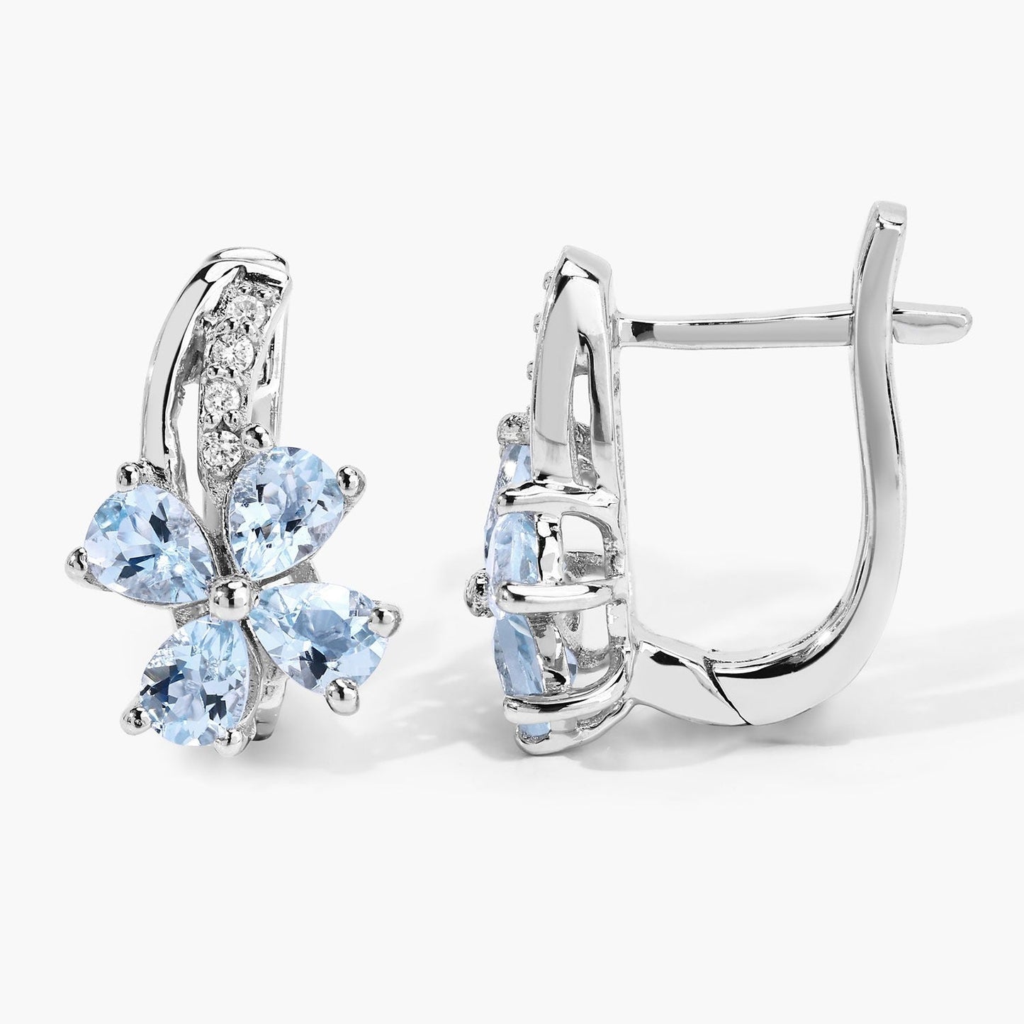 0.96 Ct Pear Blue Aquamarine & Lab Diamond Prong Silver Flower Drop Earrings
