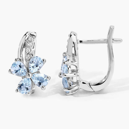 0.96 Ct Pear Blue Aquamarine & Lab Diamond Prong Silver Flower Drop Earrings