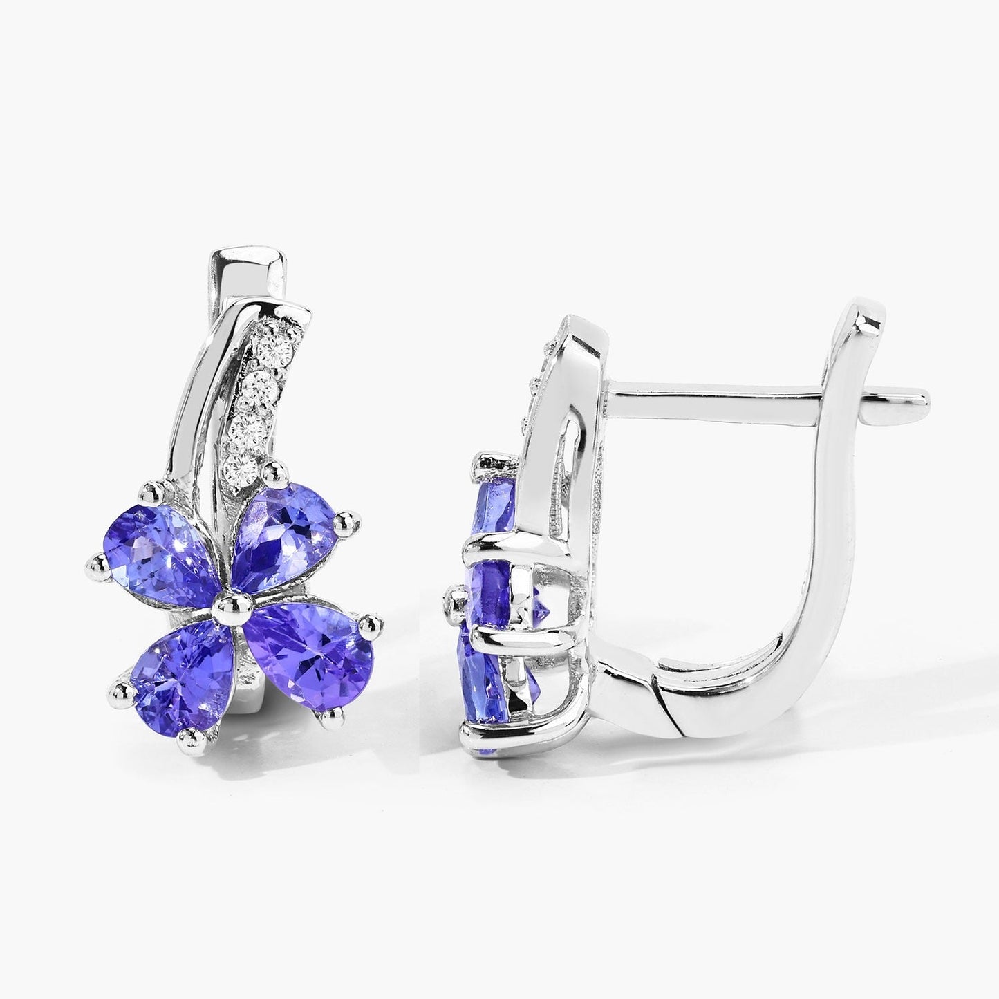 1.12 Ct Pear Violet Tanzanite & Lab Diamond Prong Silver Flower Drop Earrings