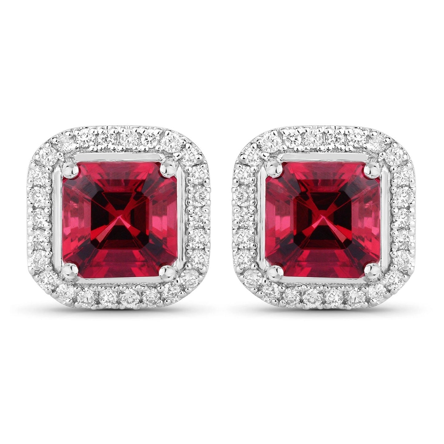 2.48 Ct Octagon Red Rubellite & Lab Diamond Prong 14K Gold Stud Earrings