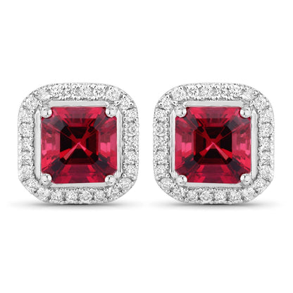 2.48 Ct Octagon Red Rubellite & Lab Diamond Prong 14K Gold Stud Earrings