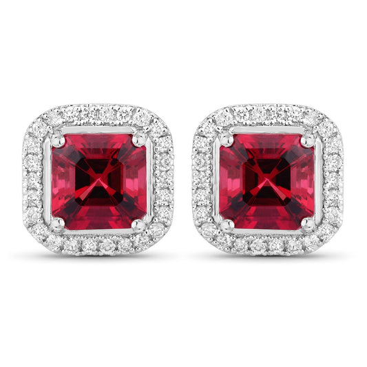 2.48 Ct Octagon Red Rubellite & Lab Diamond Prong 14K Gold Stud Earrings