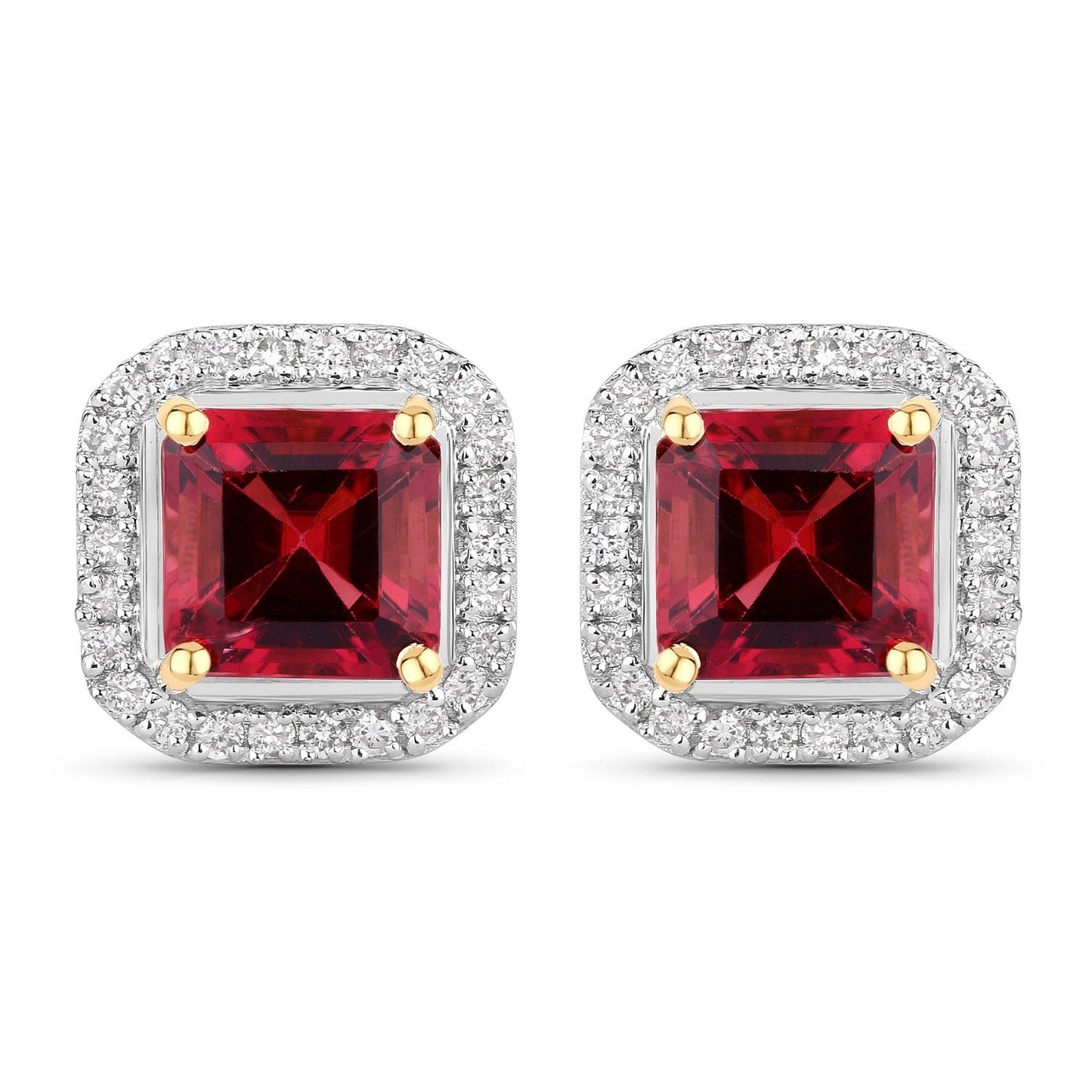 2.48 Ct Octagon Red Rubellite & Lab Diamond Prong 14K Gold Stud Earrings