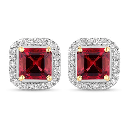 2.48 Ct Octagon Red Rubellite & Lab Diamond Prong 14K Gold Stud Earrings