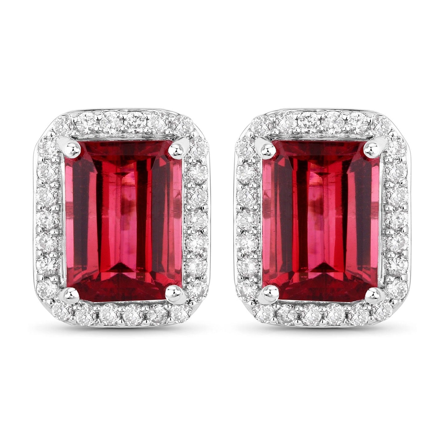 2.84 Ct Octagon Red Rubellite & Lab Diamond Prong 14K Gold Stud Earrings