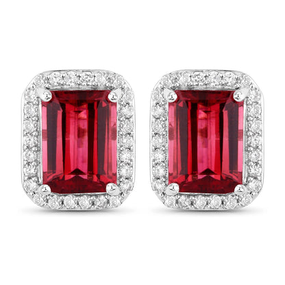 2.84 Ct Octagon Red Rubellite & Lab Diamond Prong 14K Gold Stud Earrings