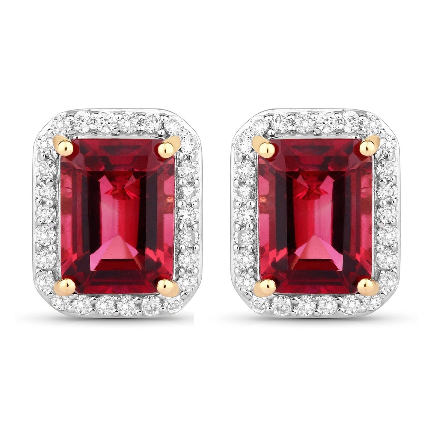 2.84 Ct Octagon Red Rubellite & Lab Diamond Prong 14K Gold Stud Earrings