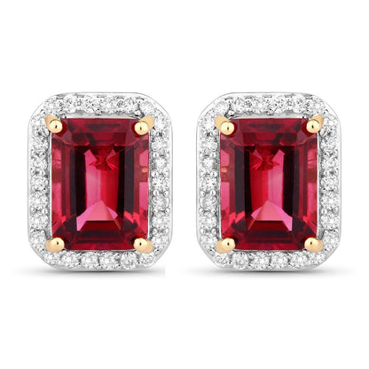 2.84 Ct Octagon Red Rubellite & Lab Diamond Prong 14K Gold Stud Earrings