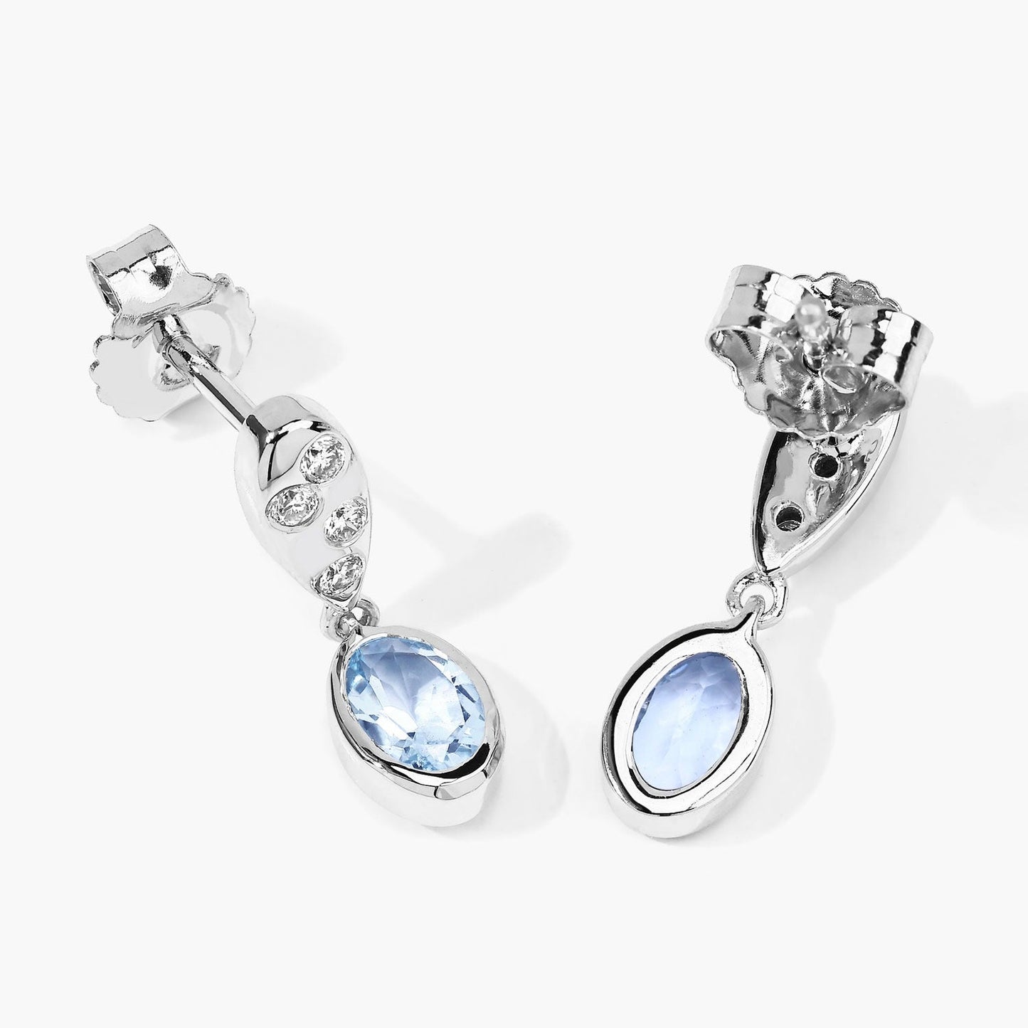 0.80 Ct Oval Blue Aquamarine & Lab Diamond Bezel Silver Dangle Earrings