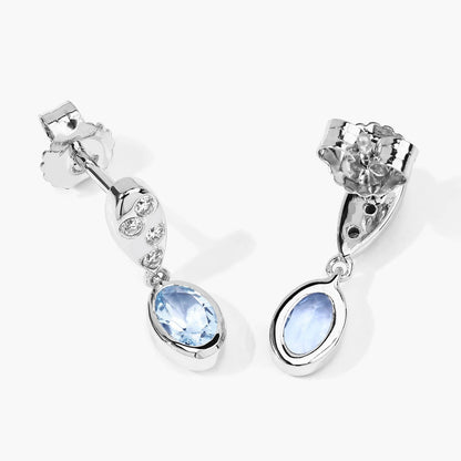 0.80 Ct Oval Blue Aquamarine & Lab Diamond Bezel Silver Dangle Earrings