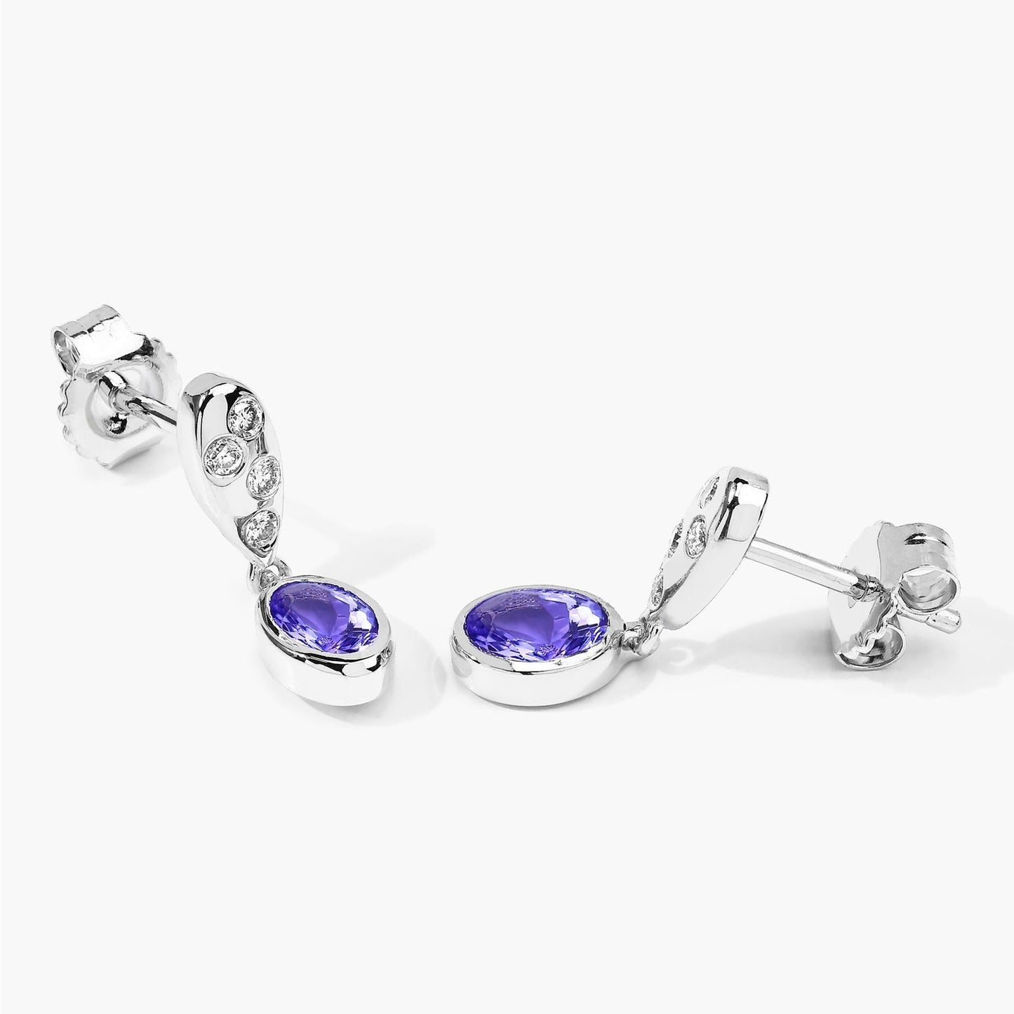 0.88 Ct Oval Violet Tanzanite & Lab Diamond Bezel Silver Dangle Earrings