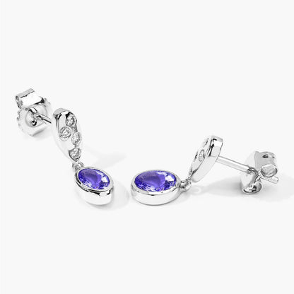 0.88 Ct Oval Violet Tanzanite & Lab Diamond Bezel Silver Dangle Earrings