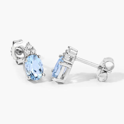 1.20 Ct Oval Blue Aquamarine & Lab Diamond Prong Silver Stud Earrings