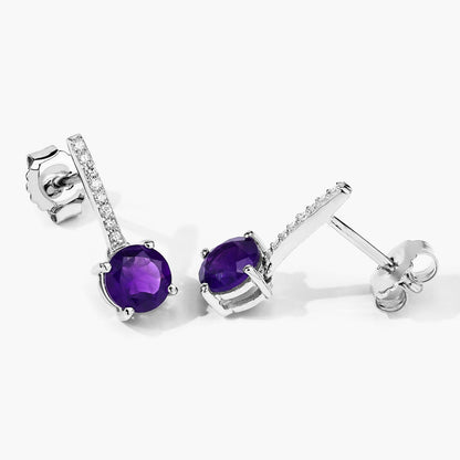 1.46 Ct Round Purple Amethyst & Lab Diamond Prong Silver Dangle Earrings