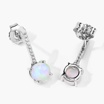 1.00 Ct Round White Ethiopian Opal & Lab Diamond Prong Silver Dangle Earrings