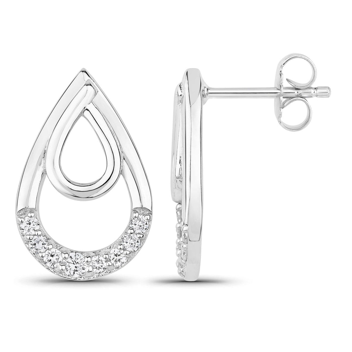 0.33 Cttw Round White Lab Diamond Pavé Rhodium Plated Silver Double Teardrop Stud Earrings