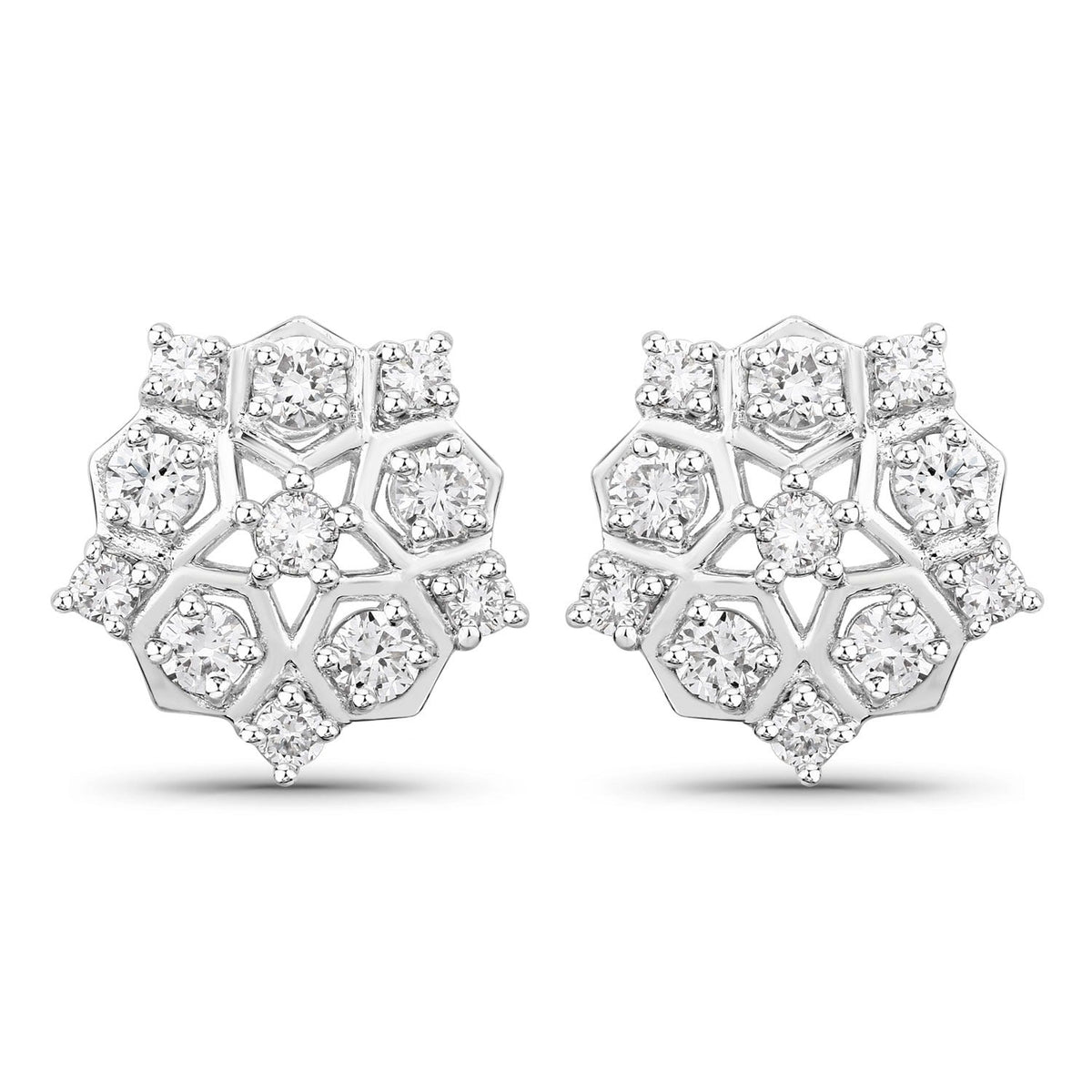 1.00 Cttw Round White Lab Diamond Prong Rhodium Plated Silver Hexagon Cluster Stud Earrings