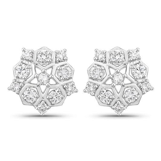 1.00 Cttw Round White Lab Diamond Prong Rhodium Plated Silver Hexagon Cluster Stud Earrings