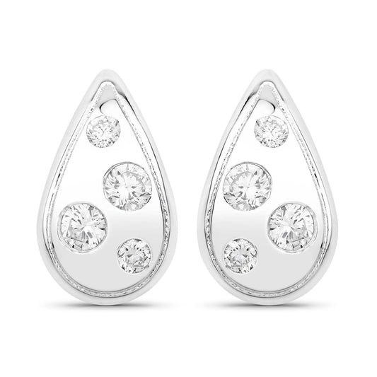 0.50 Cttw Round White Lab Diamond Bezel Rhodium Plated Silver Teardrop Stud Earrings