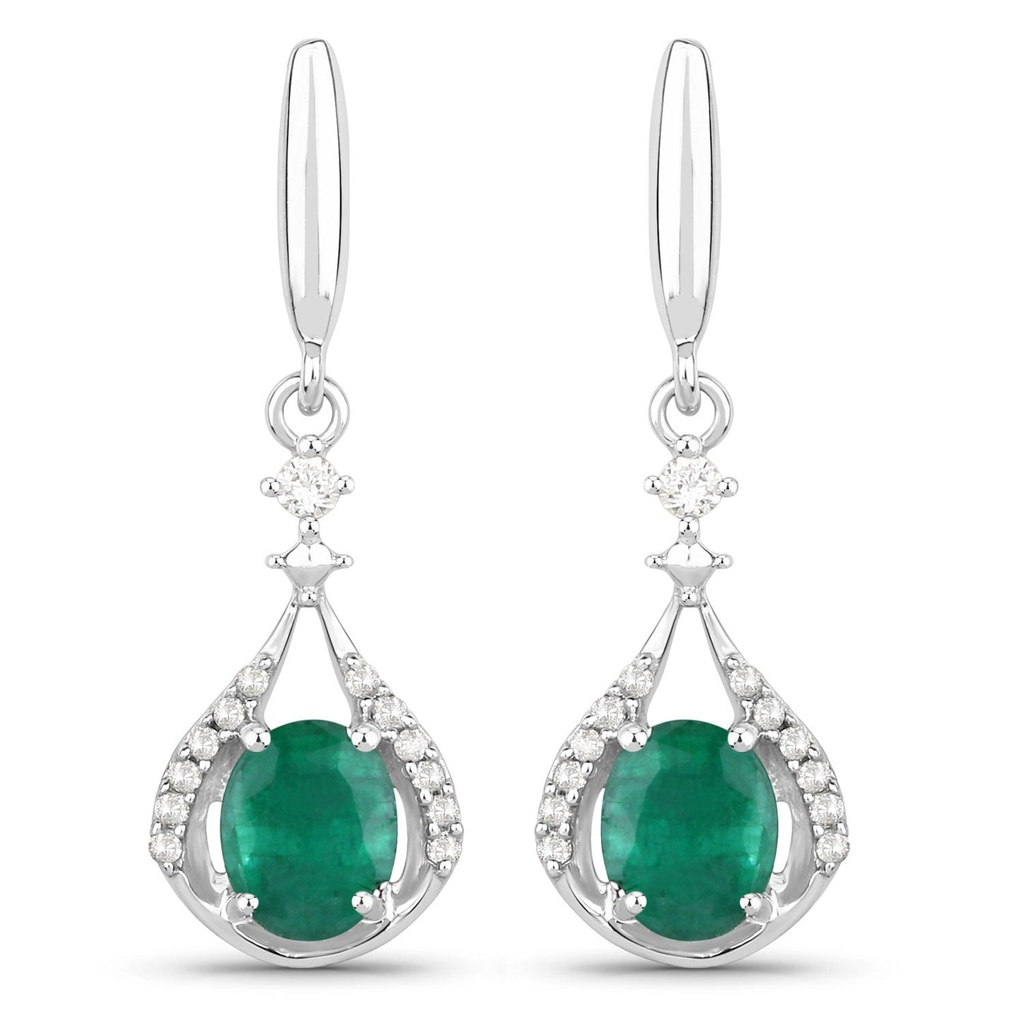 0.60 Ct Oval Green Zambian Emerald & Diamond Prong 14K White Gold Drop Dangle Earrings