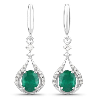 0.60 Ct Oval Green Zambian Emerald & Diamond Prong 14K White Gold Drop Dangle Earrings