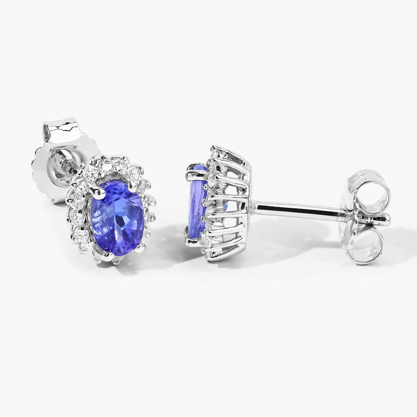 0.88 Ct Oval Violet Tanzanite & Lab Diamond Prong Silver Halo Basket Stud Earrings