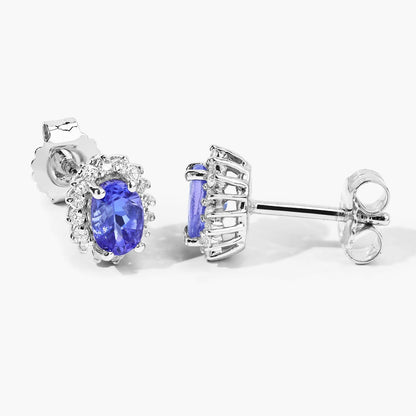 0.88 Ct Oval Violet Tanzanite & Lab Diamond Prong Silver Halo Basket Stud Earrings