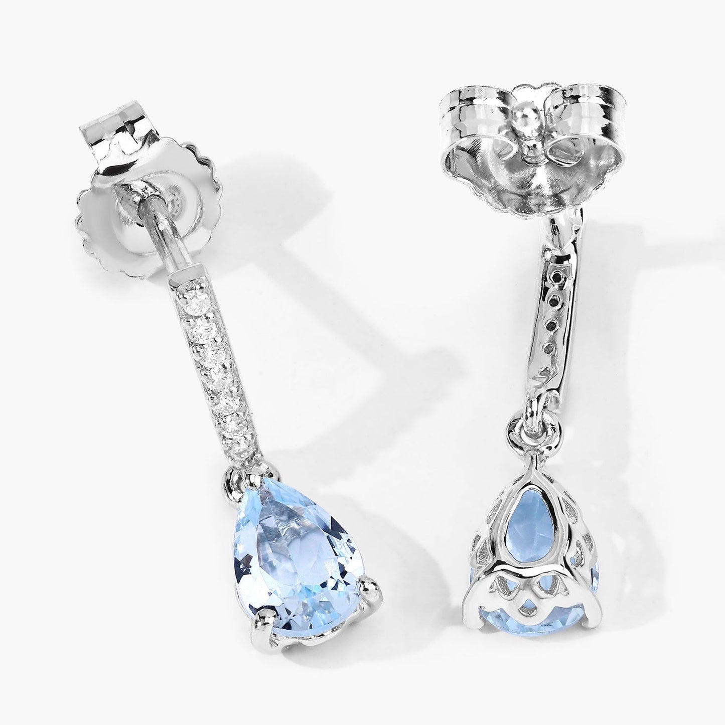 1.20 Ct Pear Blue Aquamarine & Lab Diamond Prong Silver Teardrop Dangle Earrings