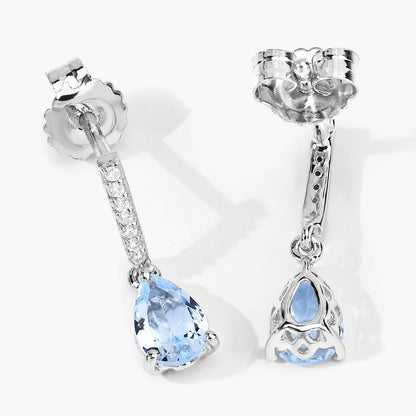 1.20 Ct Pear Blue Aquamarine & Lab Diamond Prong Silver Teardrop Dangle Earrings