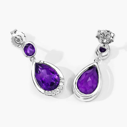 Purple Amethyst & Lab Grown Diamond Bezel Silver Dangle Earrings