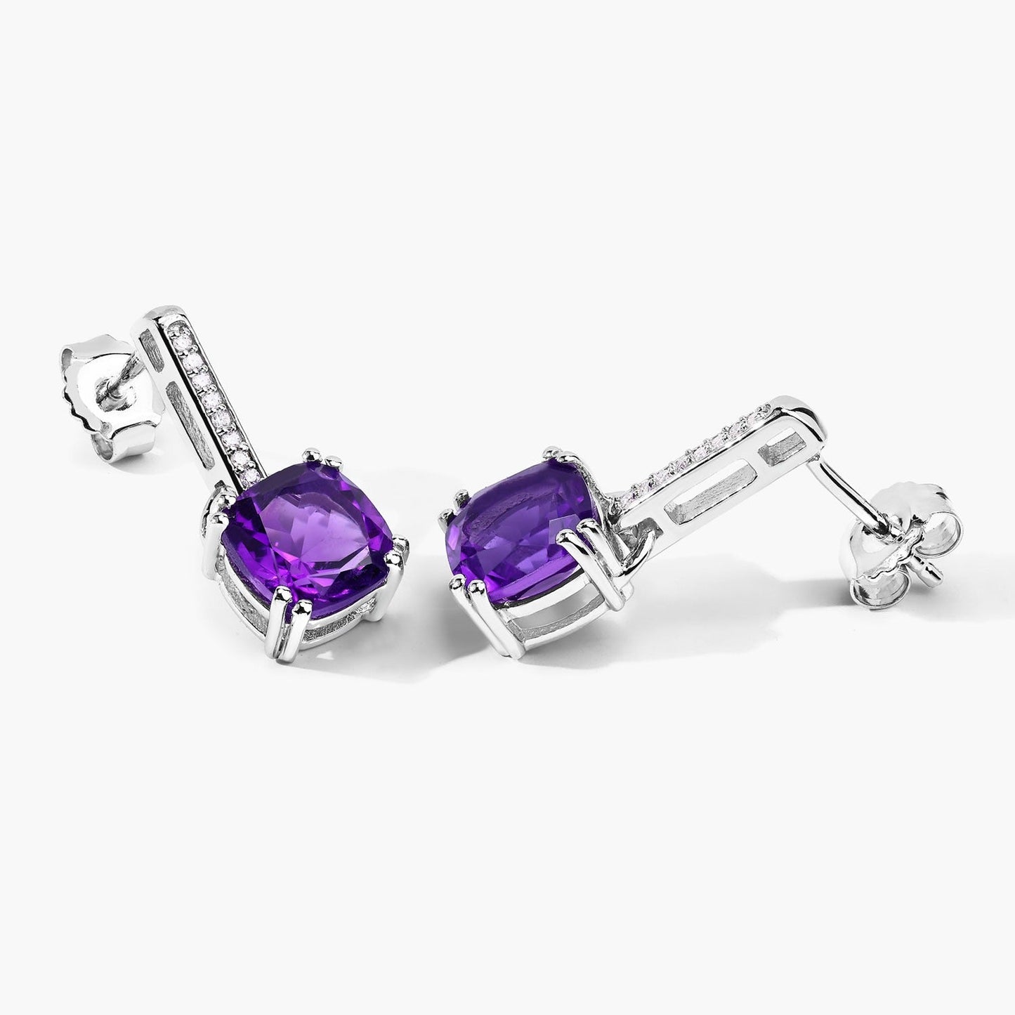 3.60 Ct Cushion Purple Amethyst & Lab Diamond Prong Silver Dangle Earrings