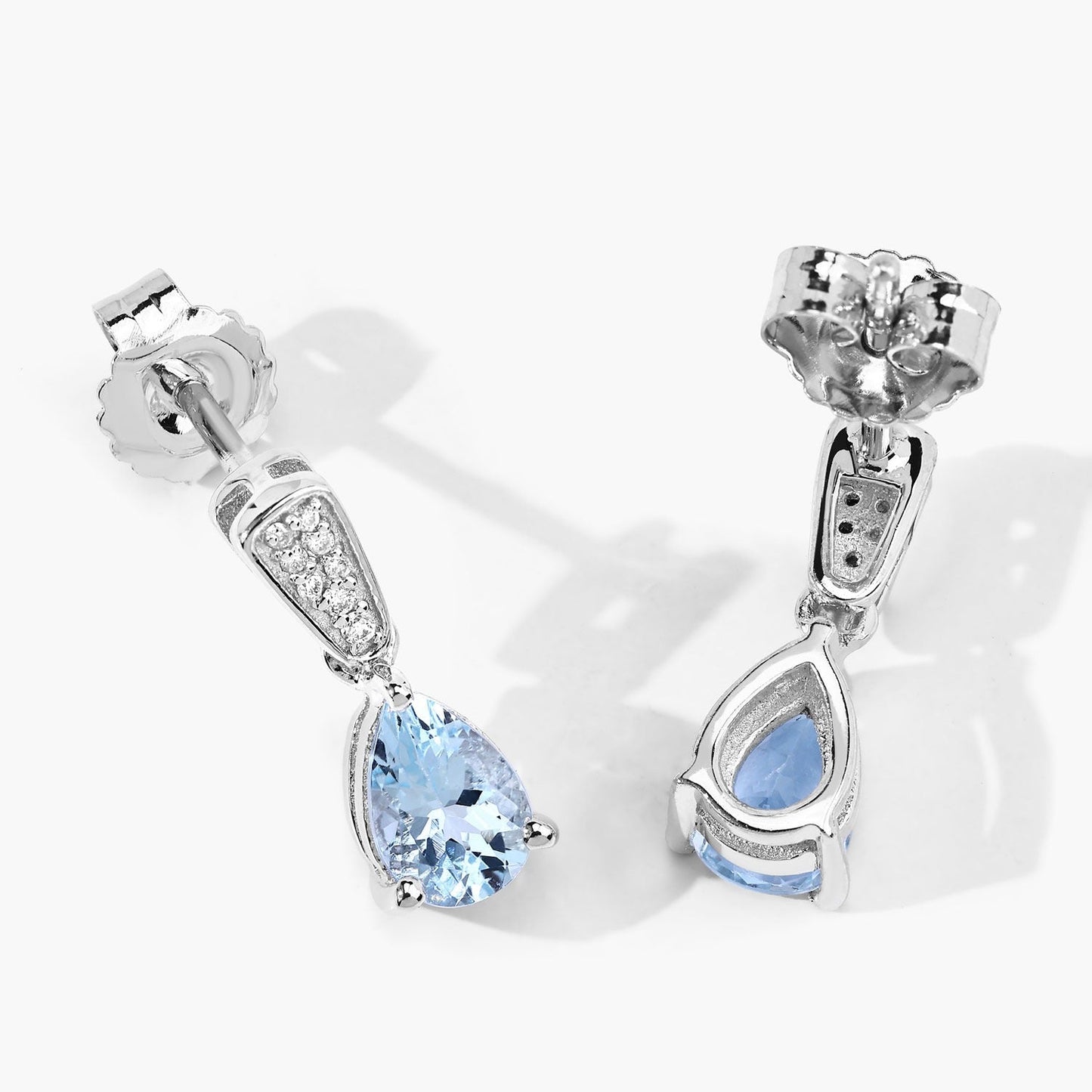 1.20 Ct Pear Blue Aquamarine & Lab Diamond Prong Silver Teardrop Dangle Earrings