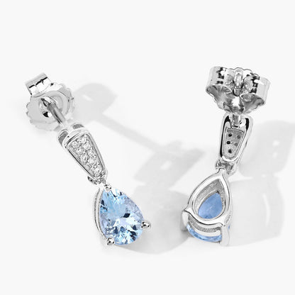1.20 Ct Pear Blue Aquamarine & Lab Diamond Prong Silver Teardrop Dangle Earrings