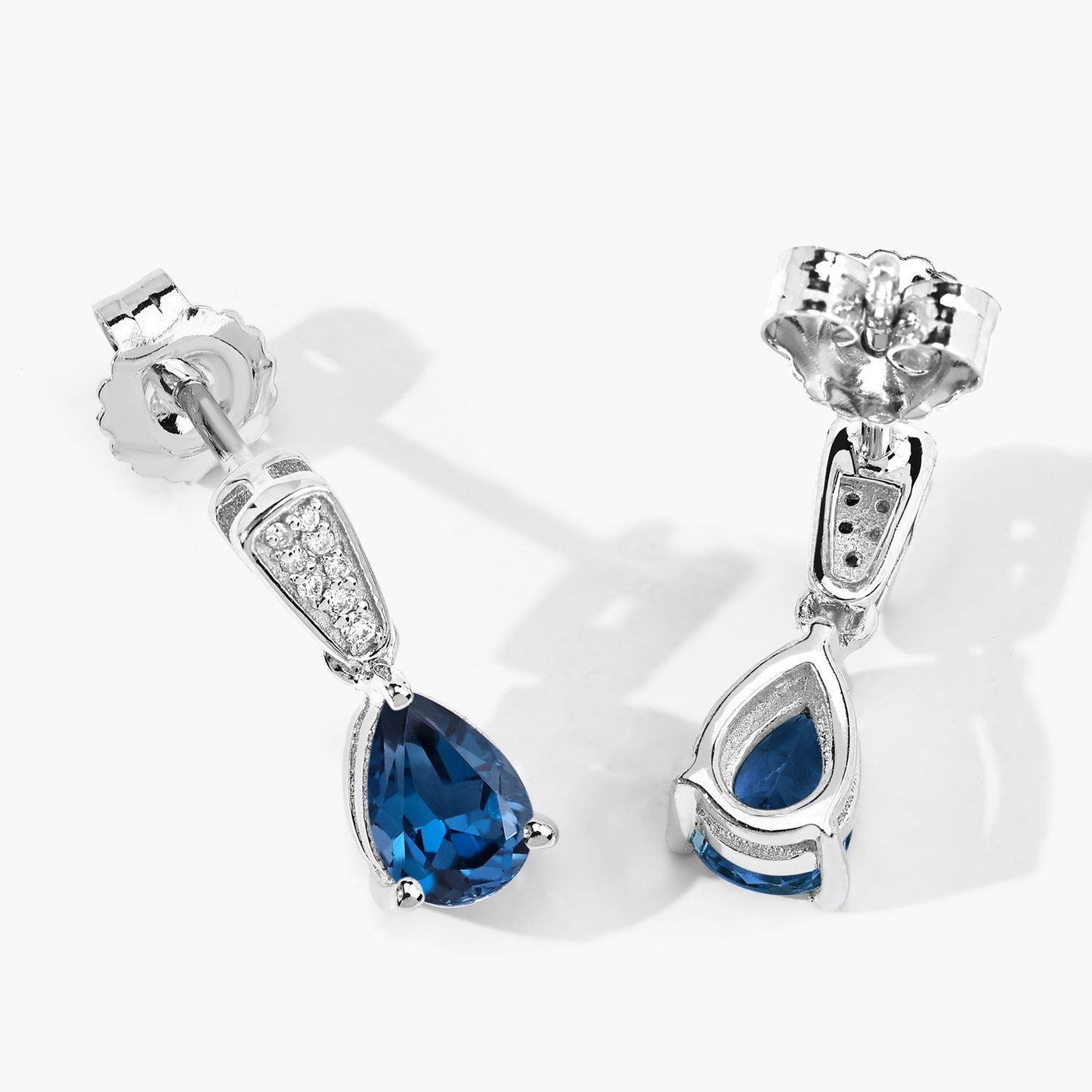 1.70 Ct Pear Deep Blue London Blue Topaz & Diamond Prong Silver Teardrop Dangle Earrings