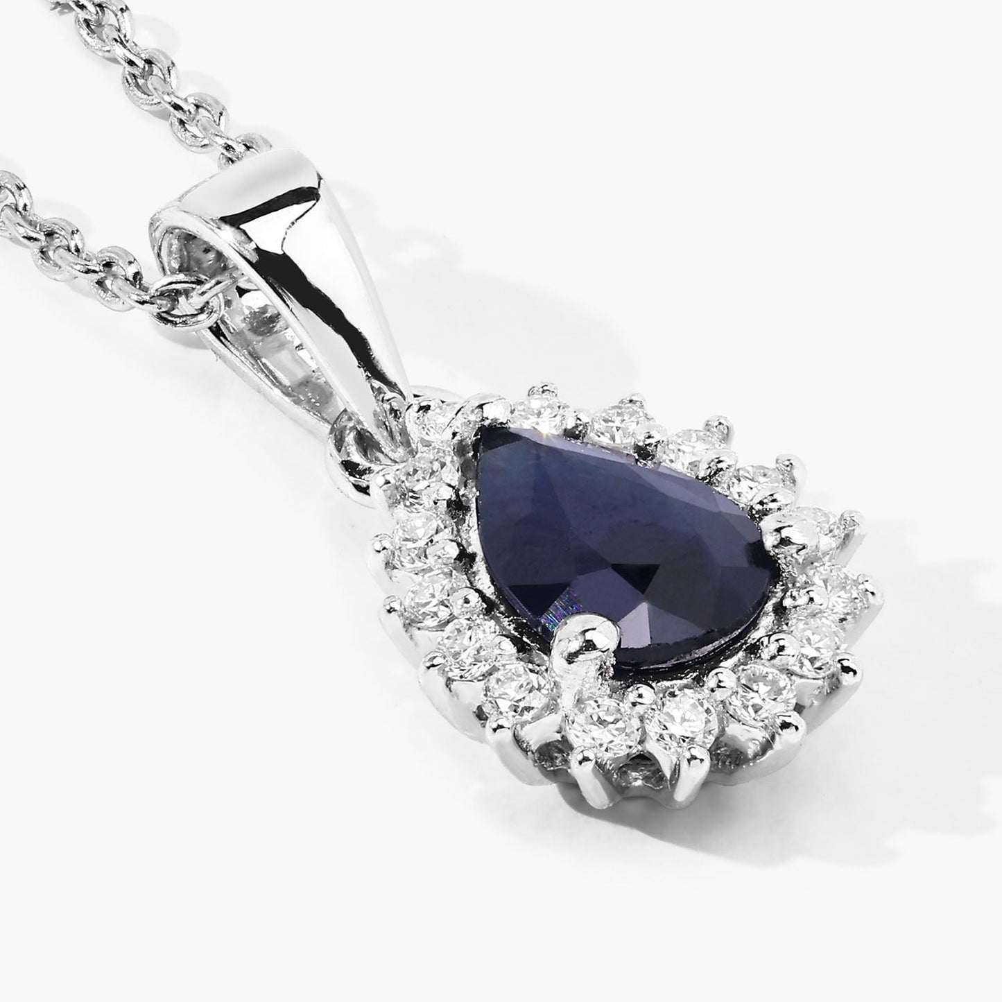 0.80 Ct Pear Blue Sapphire and Lab Diamond Prong Silver Halo teardrop pendant Necklace