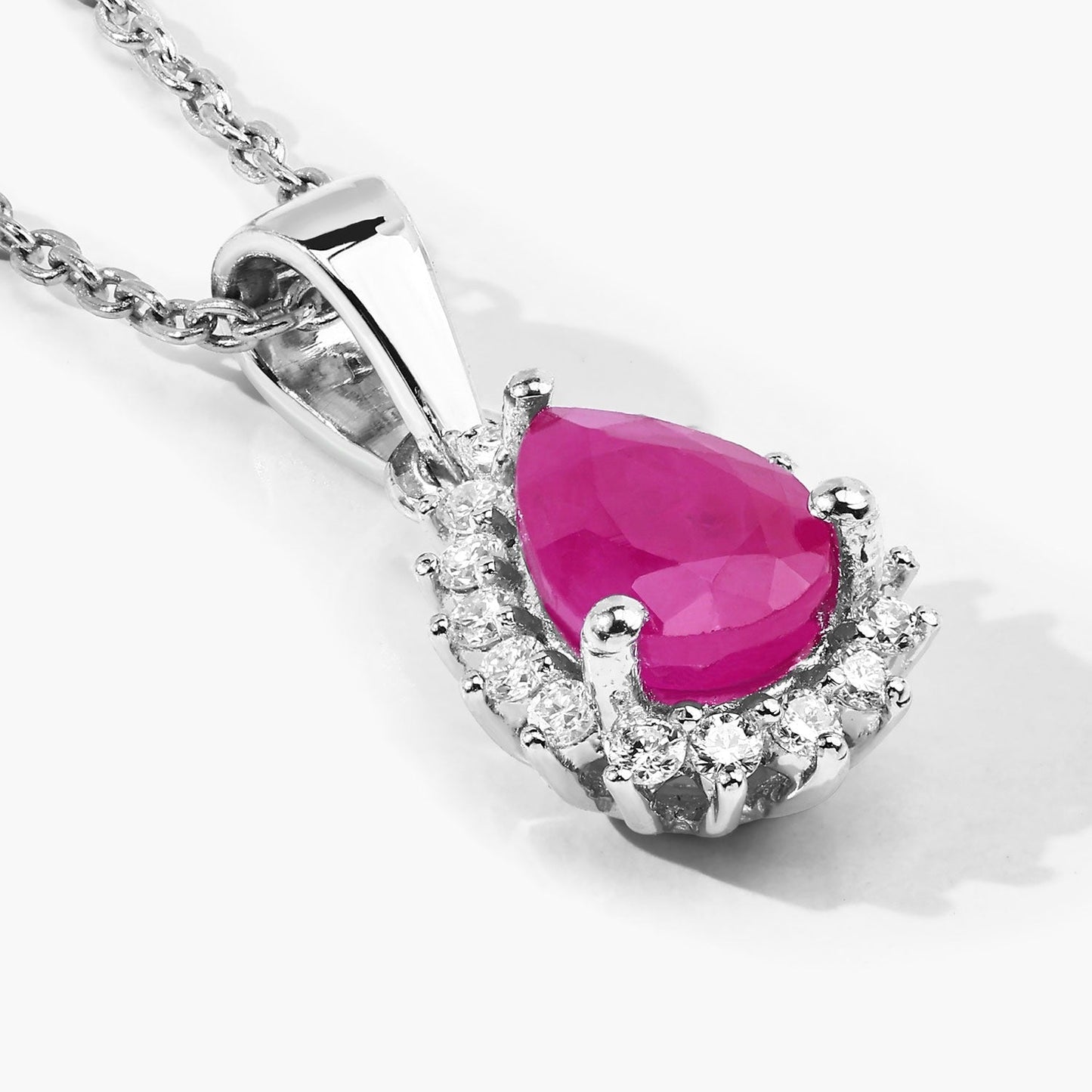 0.80 Ct Pear Pink Ruby and Lab Diamond Prong Silver Halo teardrop pendant Necklace